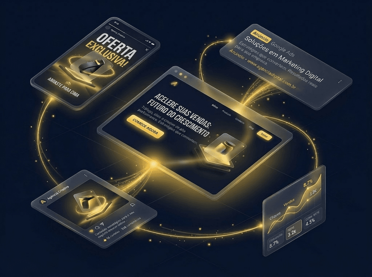 Composição visual com mockups de anúncios, landing page e dashboard de performance da agência Ellige.