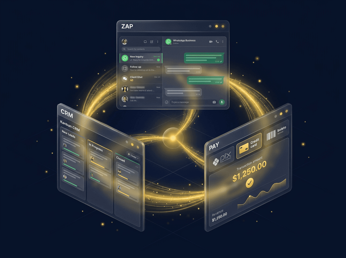 Composição visual dos três produtos Ellige (Zap, CRM, PAY) orbitando um núcleo central.
